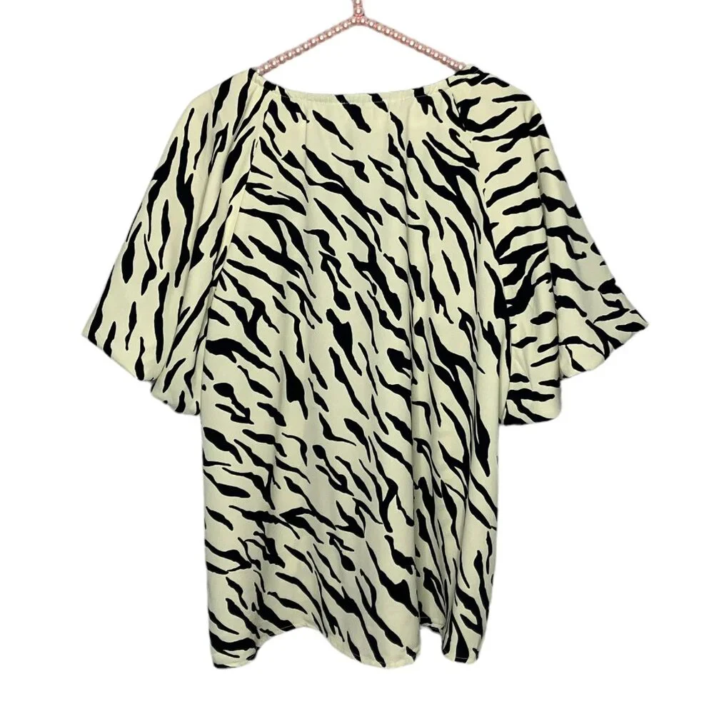 Anthropologie Small S Entro Beige Zebra Print Tie Front Puff Sleeve Pullover Top